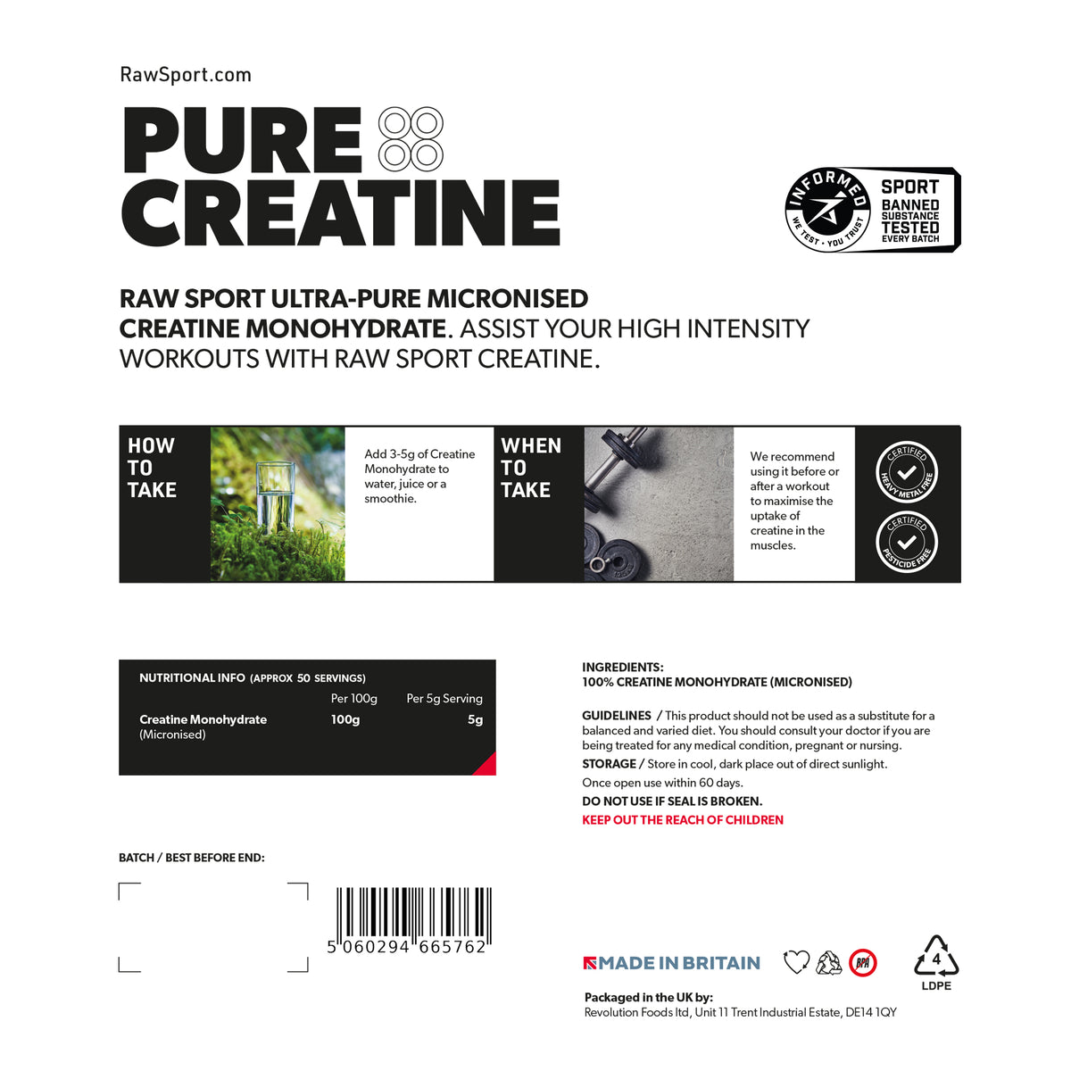 Pure Creatine Monohydrate 250g Informed Sport Approved