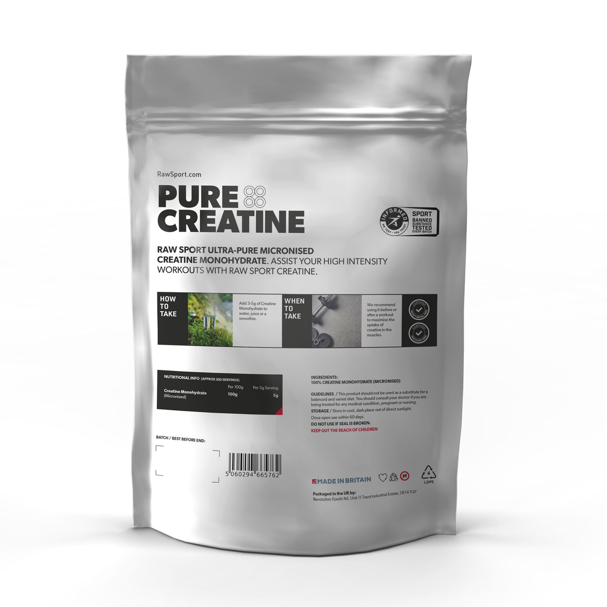 Pure Creatine Monohydrate 1KG Informed Sport Approved - Raw Sport
